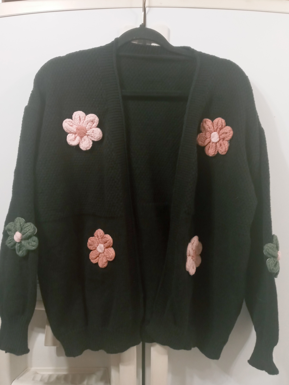 Black Floral Appliqué Open Cardigan Sweater